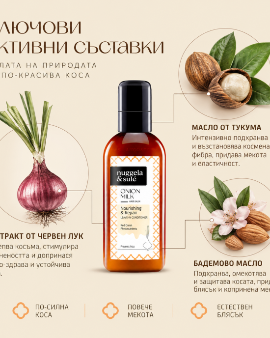 Подхранващо мляко без отмиване за мекота, блясък и контрол на фриза NuggelaSule Onion Hair Milk 100ml